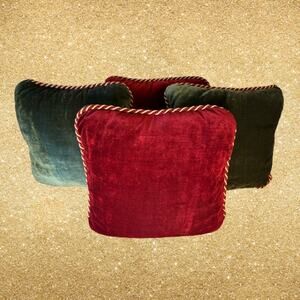 1990s RAYMOND WAITES Set Of 4 Burgundy & Green Reversible Velour Accent Pillows